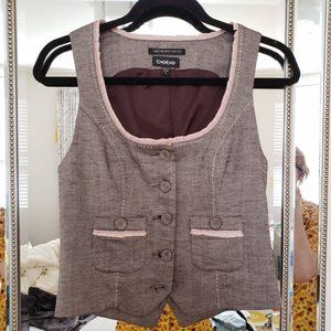 Bebe Brown Gray Cottagecore Vest with Pink Frilled Trim size S